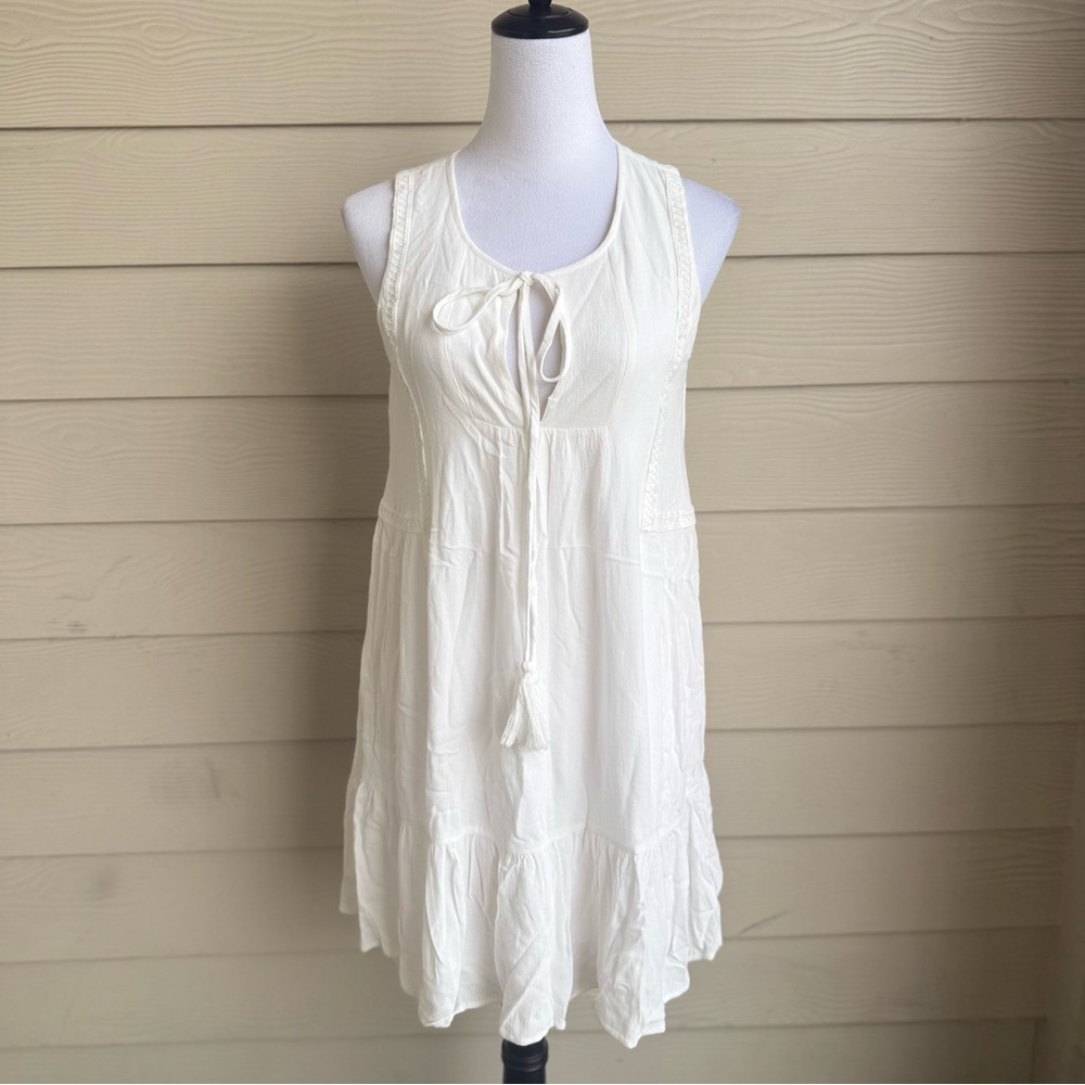 Symphony S White Sleeveless Mini Dress Tassel Tie Front Boho Summer Lined
